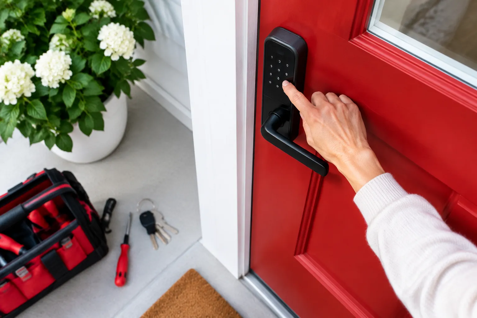 Main appuyant sur serrure électronique d’une porte rouge ouverte