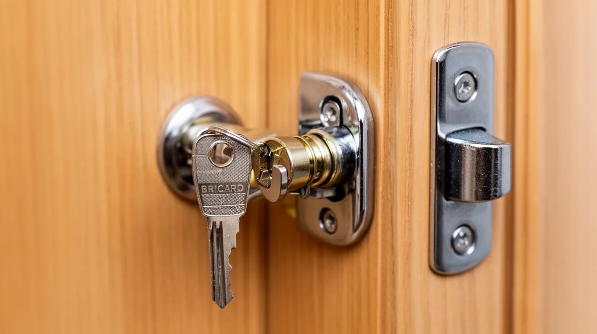 Serrure de porte en bois avec clé Bricard.