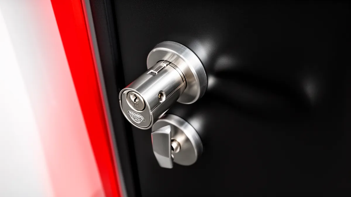 Serrure de porte en métal argenté sur fond rouge et noir.