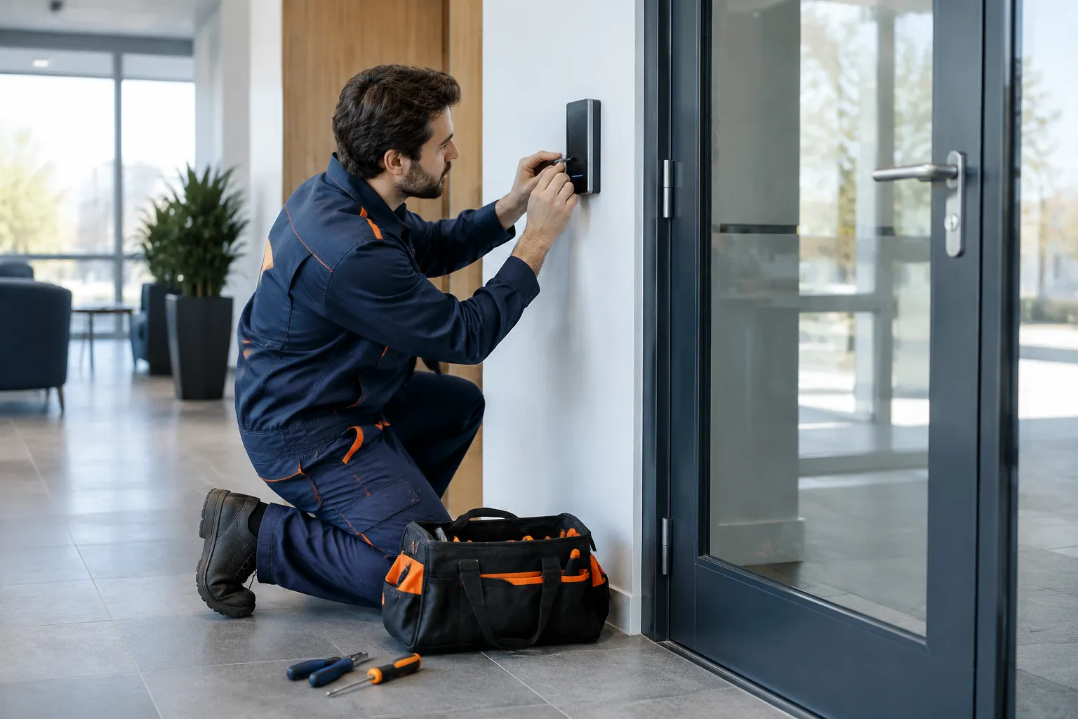 Technicien installant une serrure électronique près d’une porte vitrée