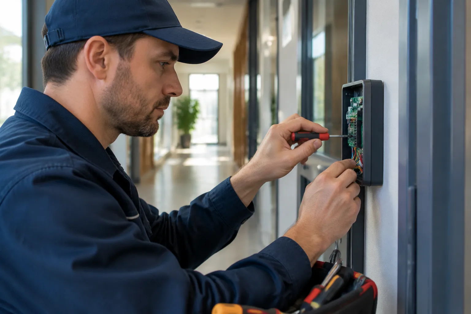 Technicien réparant un boîtier électronique avec un tournevis.