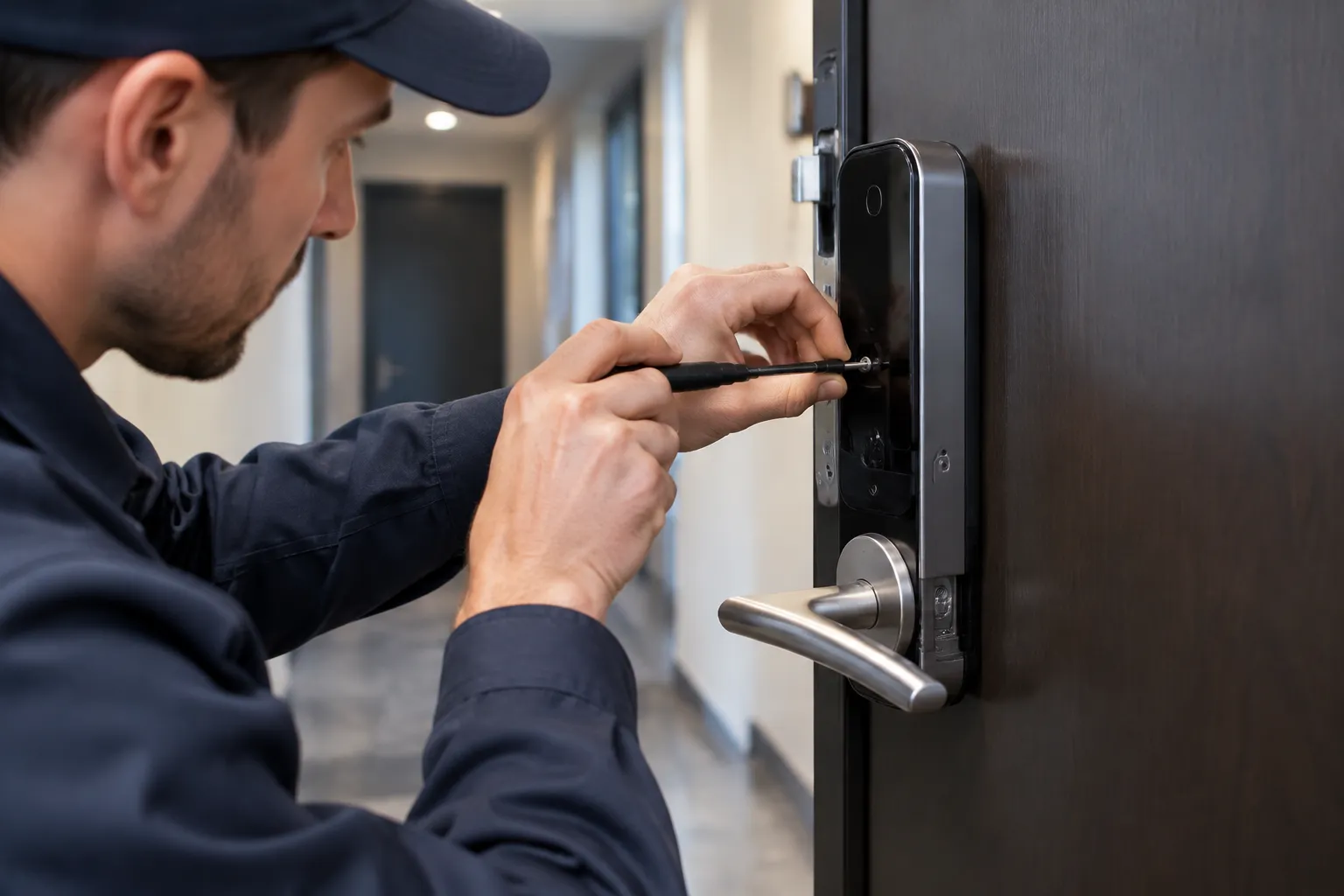 Technicien installant une serrure électronique sur une porte d’entrée