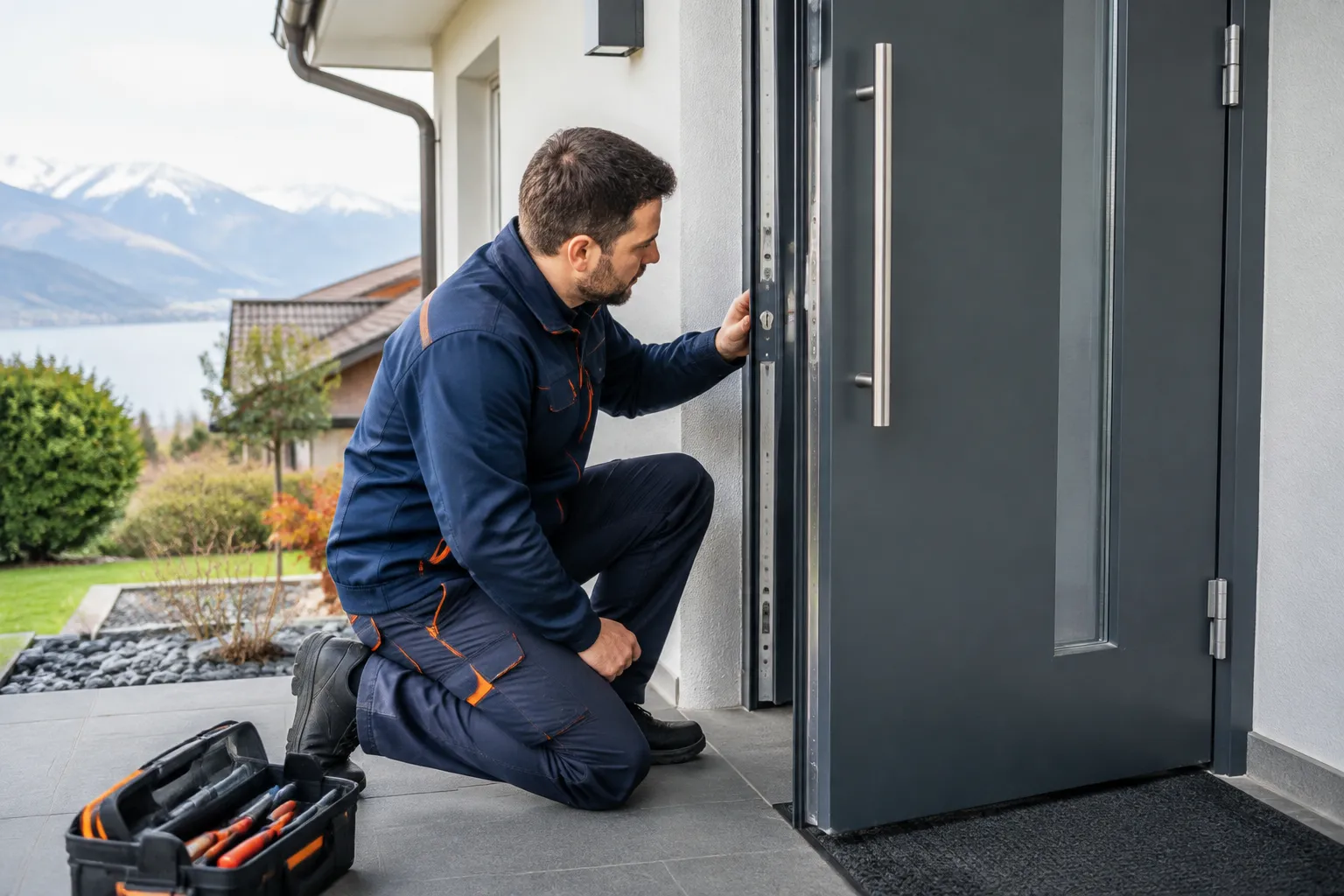 Serrurier inspectant la serrure d’une porte d’entrée moderne.