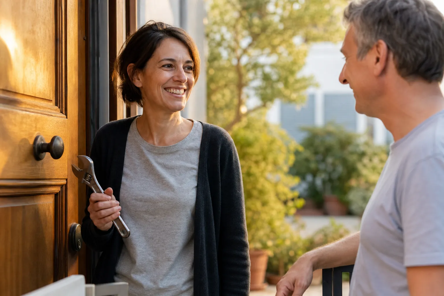 Clé à molette à côté d’une porte de location, femme tenant la clé, voisin souriant.