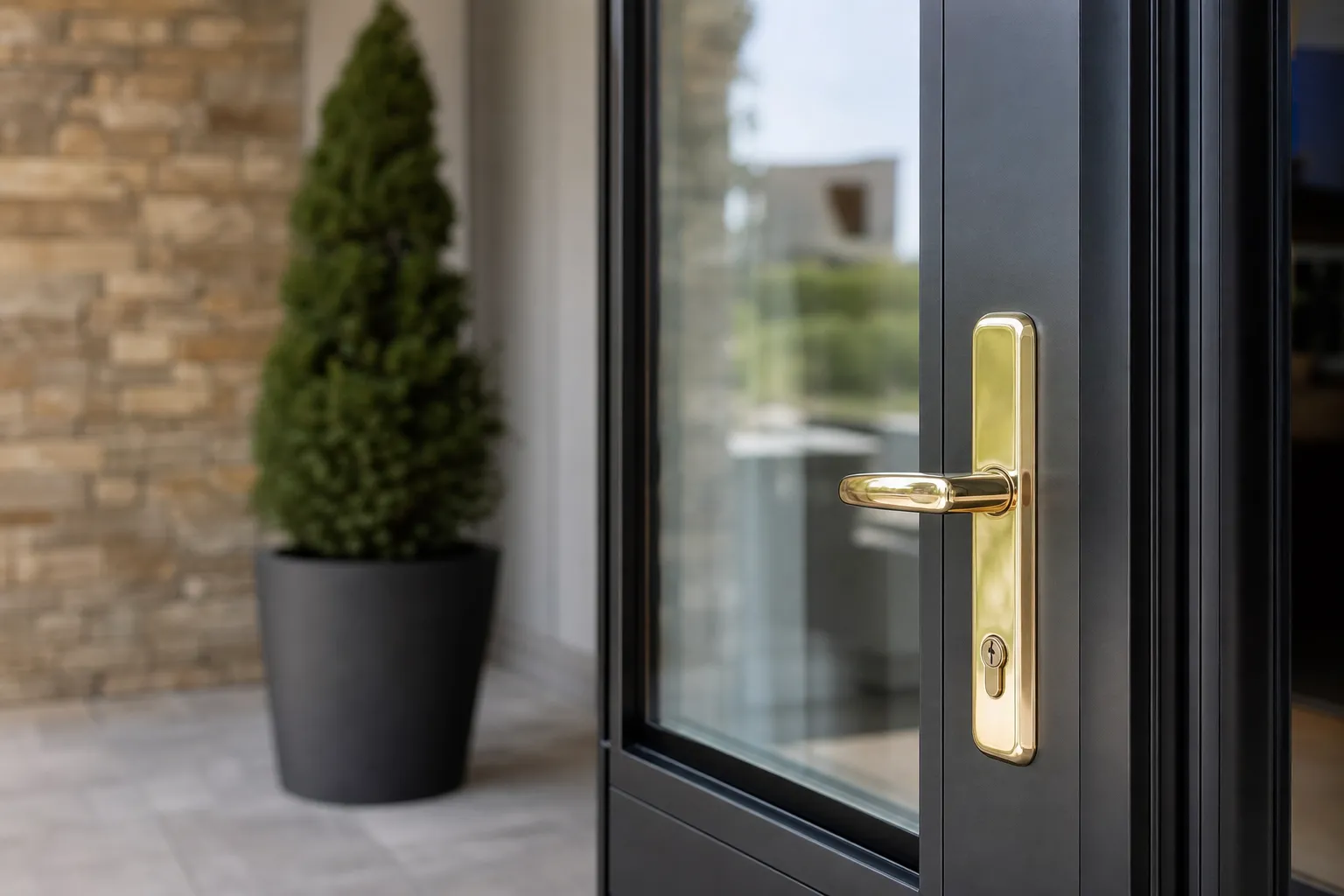 Porte blindée certifiée installée sur une entrée moderne, poignée en laiton, verre transparent.