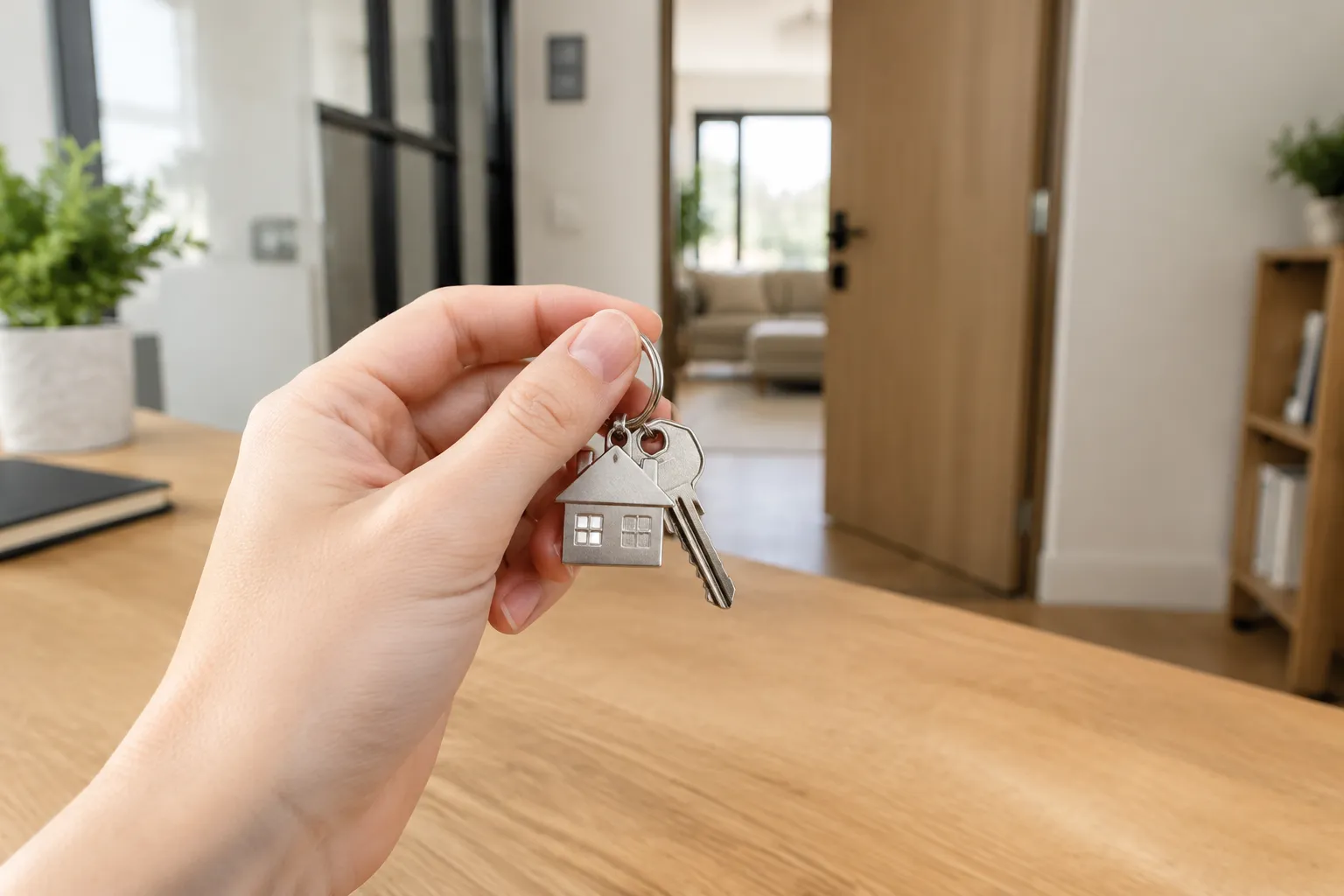 Porte-clés Airbnb à Lausanne, main blanche, porte de loft, ambiance chaleureuse.