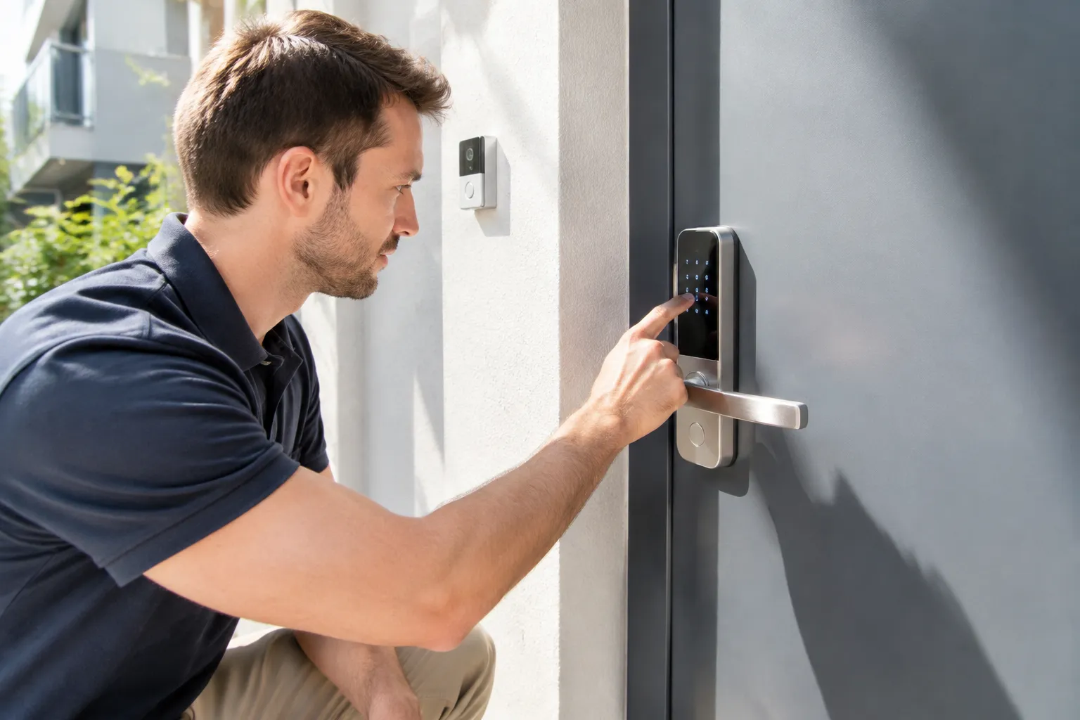 Propriétaire installant une serrure connectée dans un appartement lausannois pour location courte durée.
