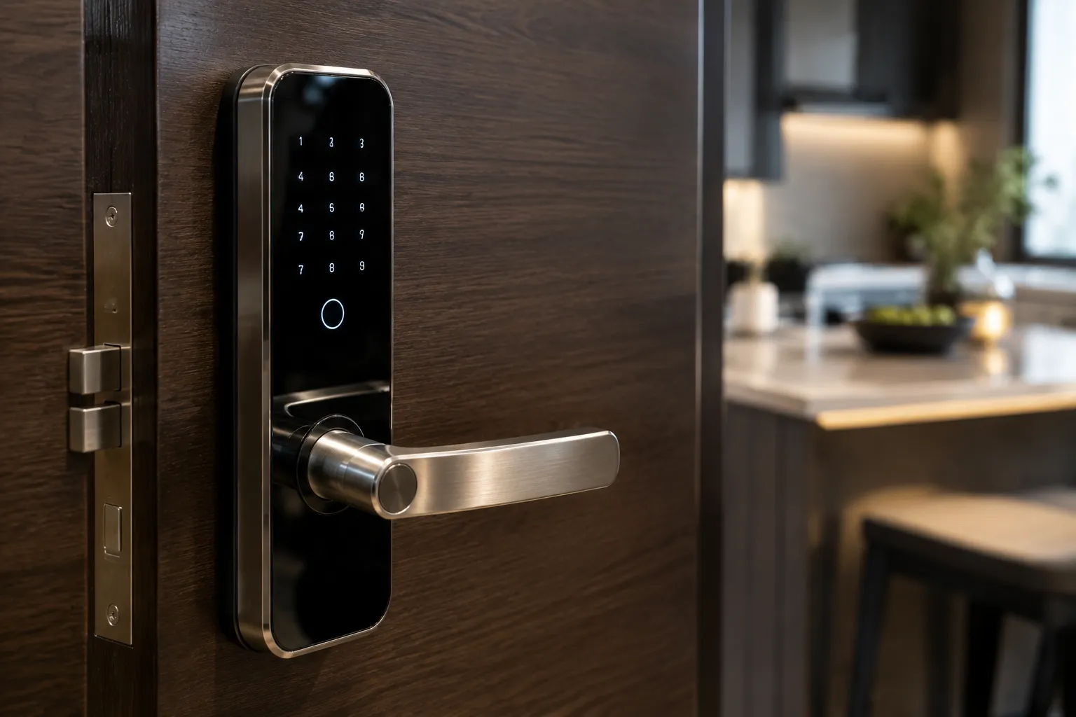 Serrure connectée 2026, écran OLED, prise de vue rapprochée, fond flou.