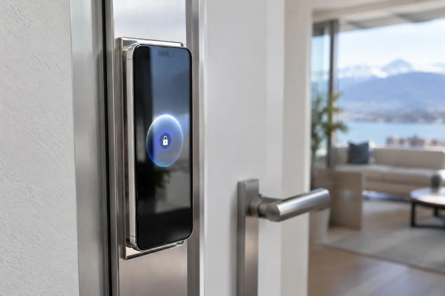 Smartphone ouvreur de porte moderne en acier inoxydable, vue rapprochée à Lausanne.