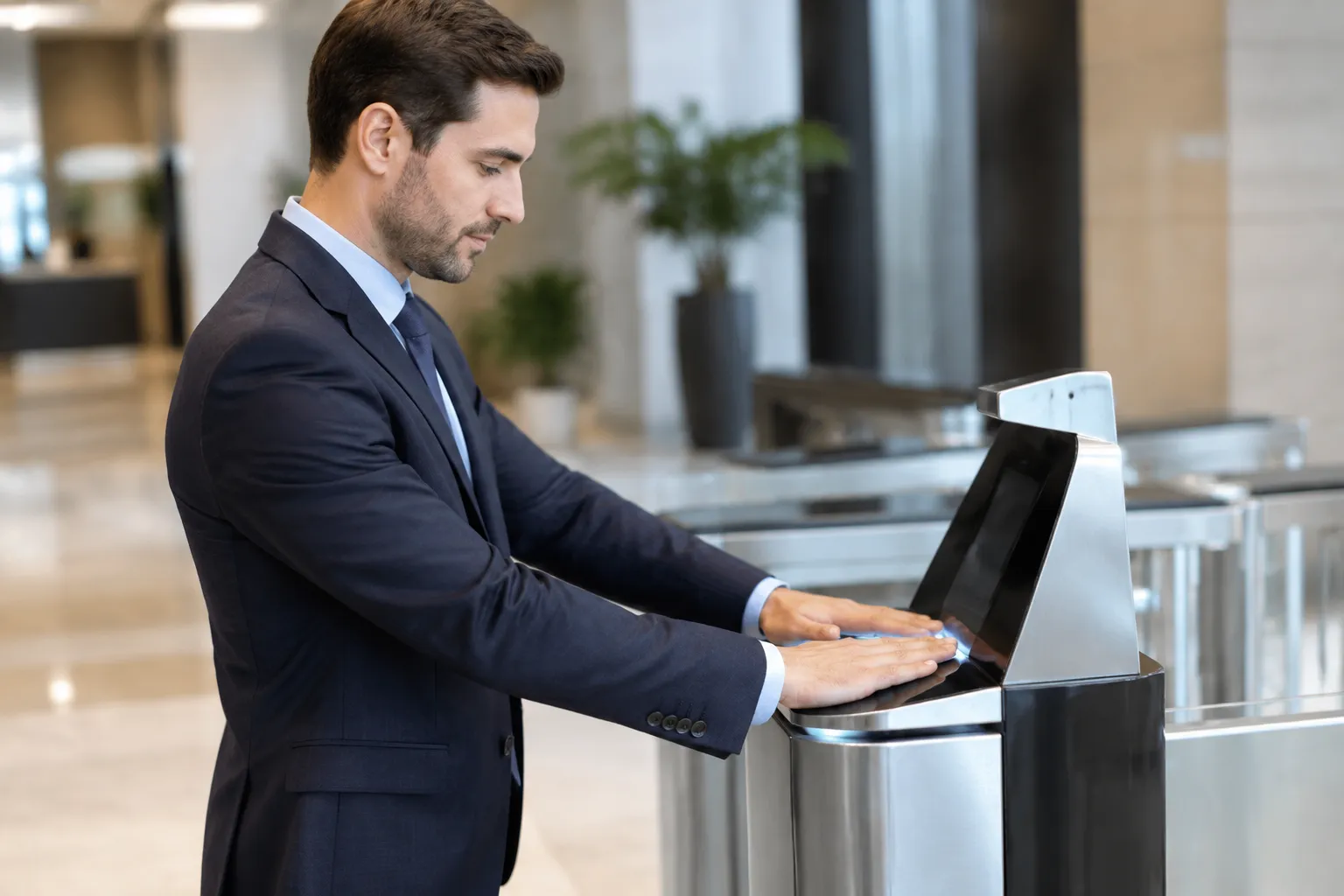 Employé scannant son empreinte sur un lecteur biométrique sécurisé d’entreprise.