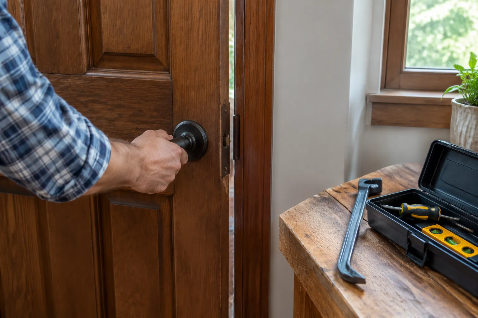 Main ouvrant une porte bloquée avec outils à côté, scène documentaire réaliste.
