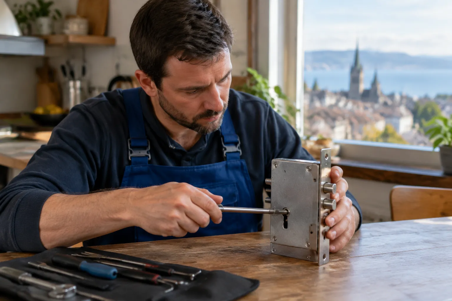 Serrurier en action, examinant une serrure moderne dans une cuisine chaleureuse de Lausanne.
