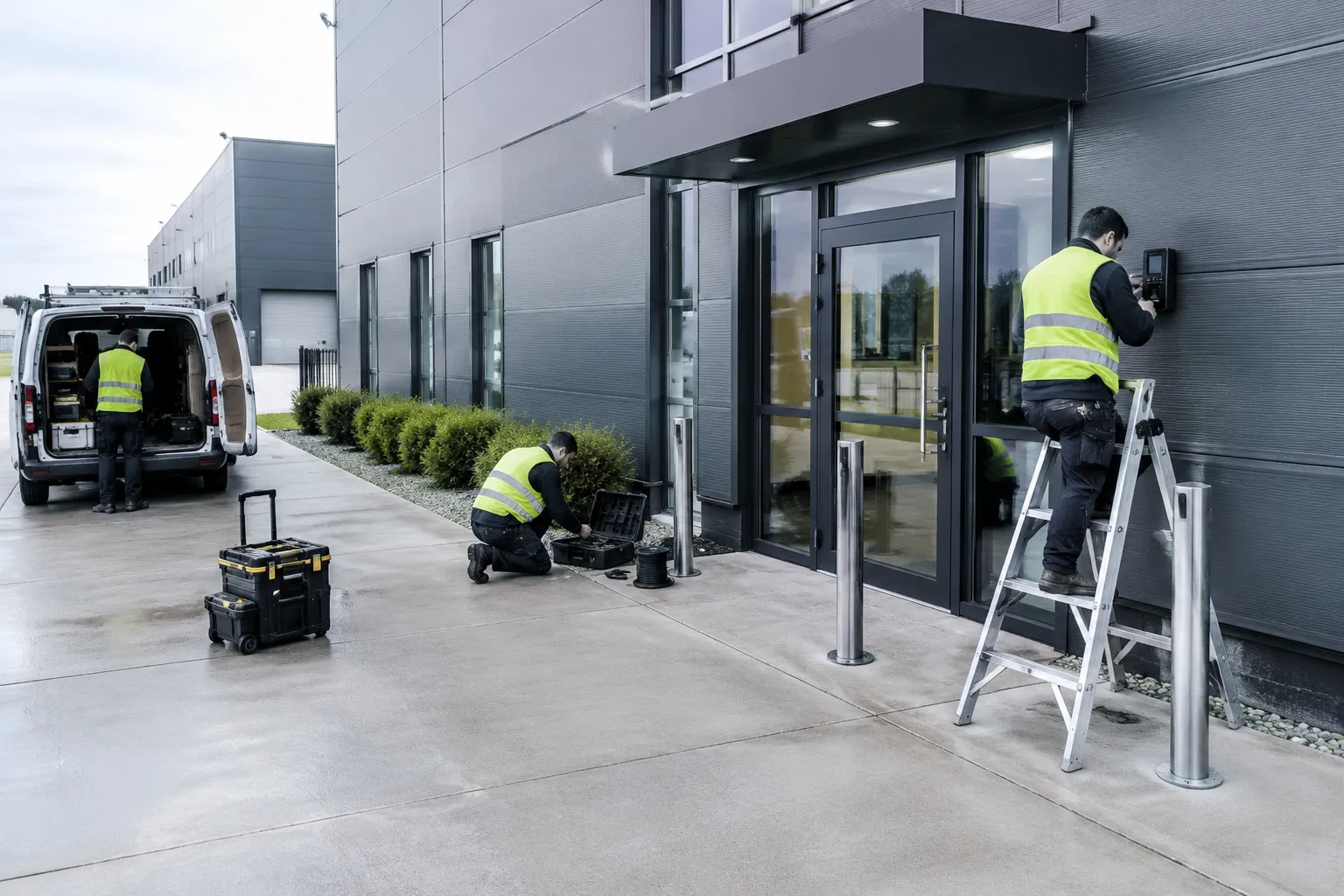 Serrurier installant un lecteur biométrique sur porte d’entreprise sécurisée.