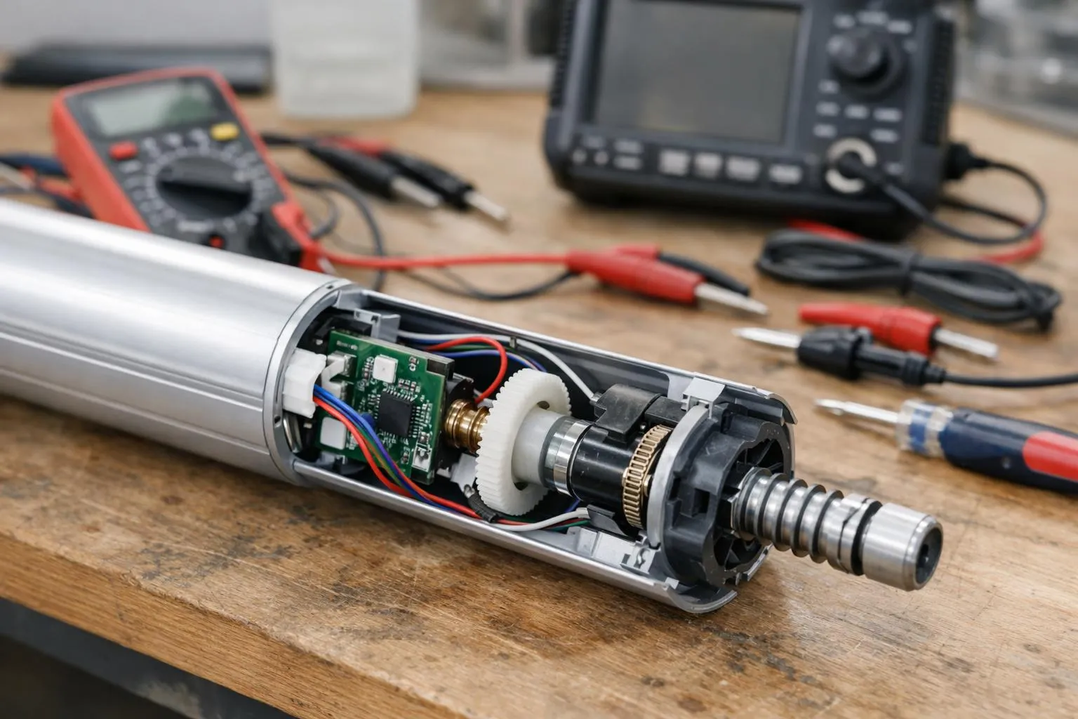Composants électroniques et outils de réparation sur un établi.