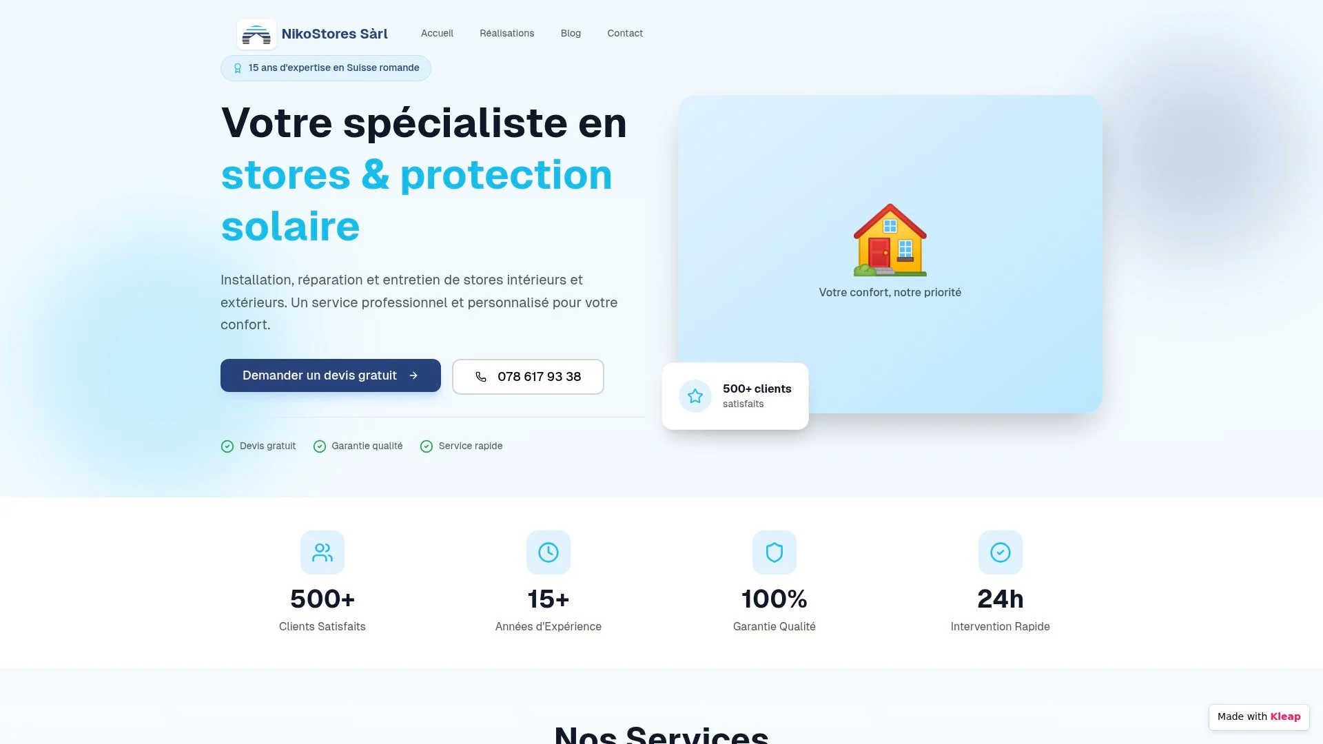 Site web d'une entreprise spécialisée dans les stores et la protection solaire.