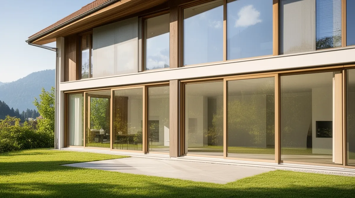 Maison moderne avec grandes fenêtres panoramiques sur jardin verdoyant.