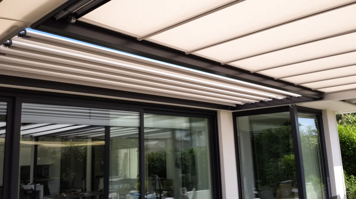 Pergola avec toit rétractable, fenêtres en verre, vue sur la nature.