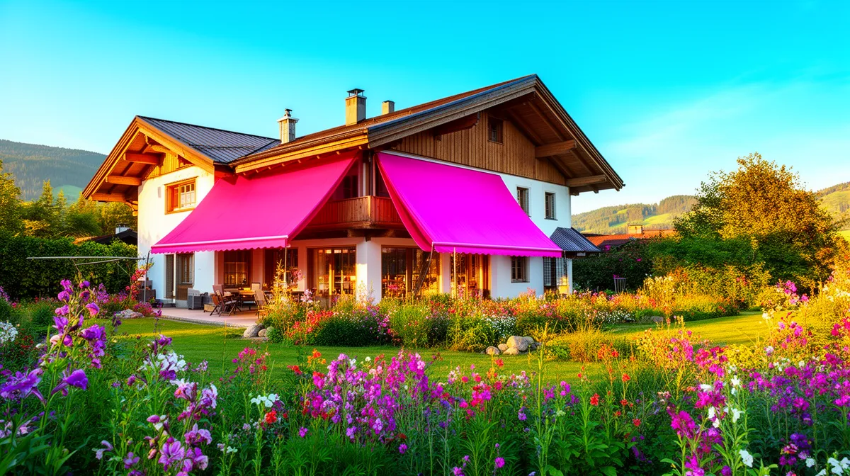 Maison de campagne entourée de fleurs colorées dans un paysage montagneux.