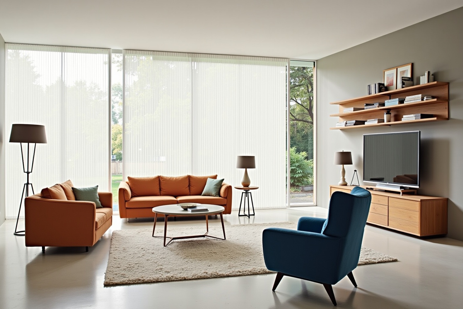 Salon moderne avec canapé orange, fauteuil bleu et étagères en bois.