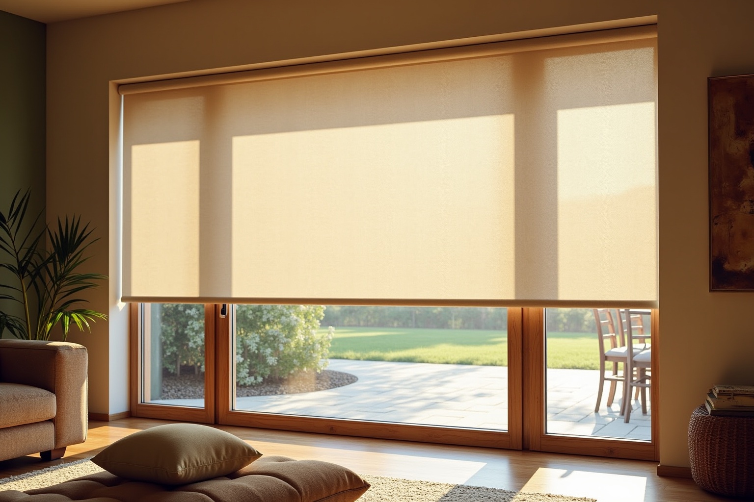 Intérieur lumineux avec grandes fenêtres offrant une vue sur la nature.