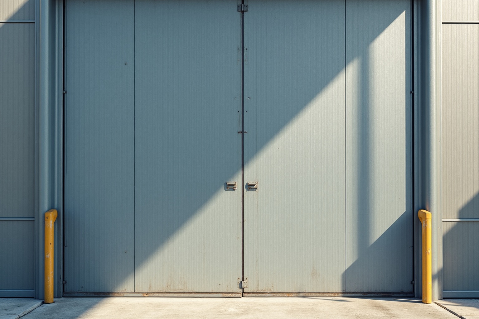 Portes de garage industrielles bleues avec poignées métalliques.