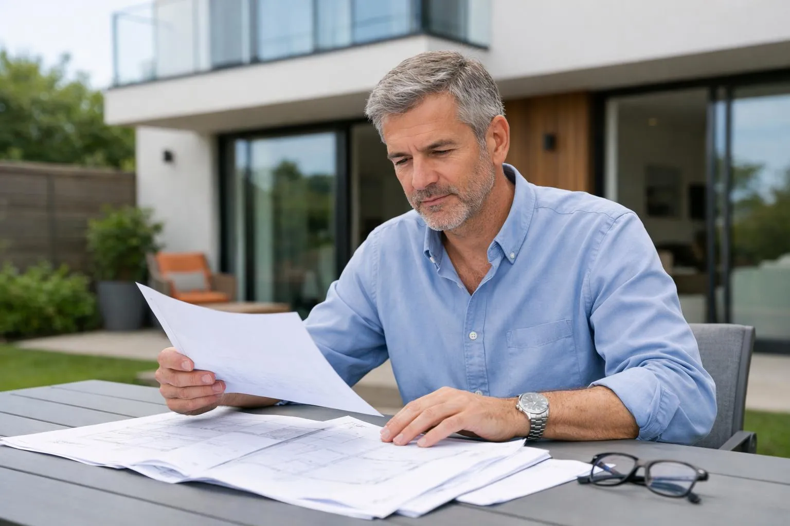 Un homme d'affaires mature examinant des documents sur une table extérieure.