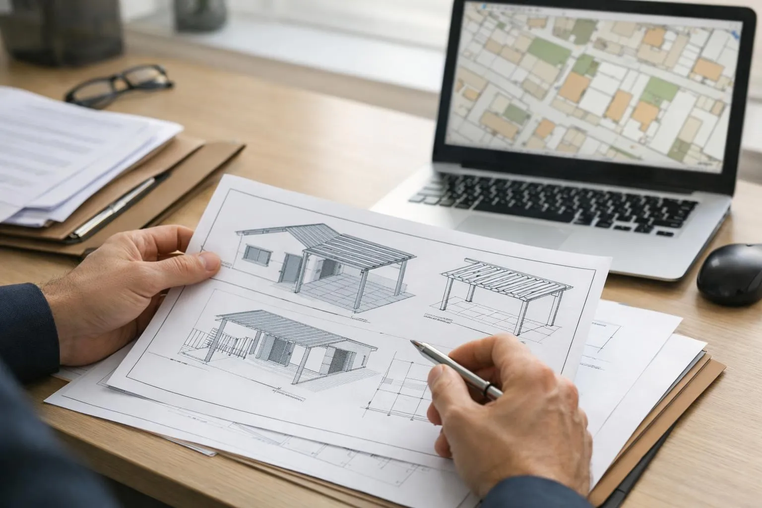 Dessins d'architecture et plans de construction sur un bureau avec ordinateur portable.