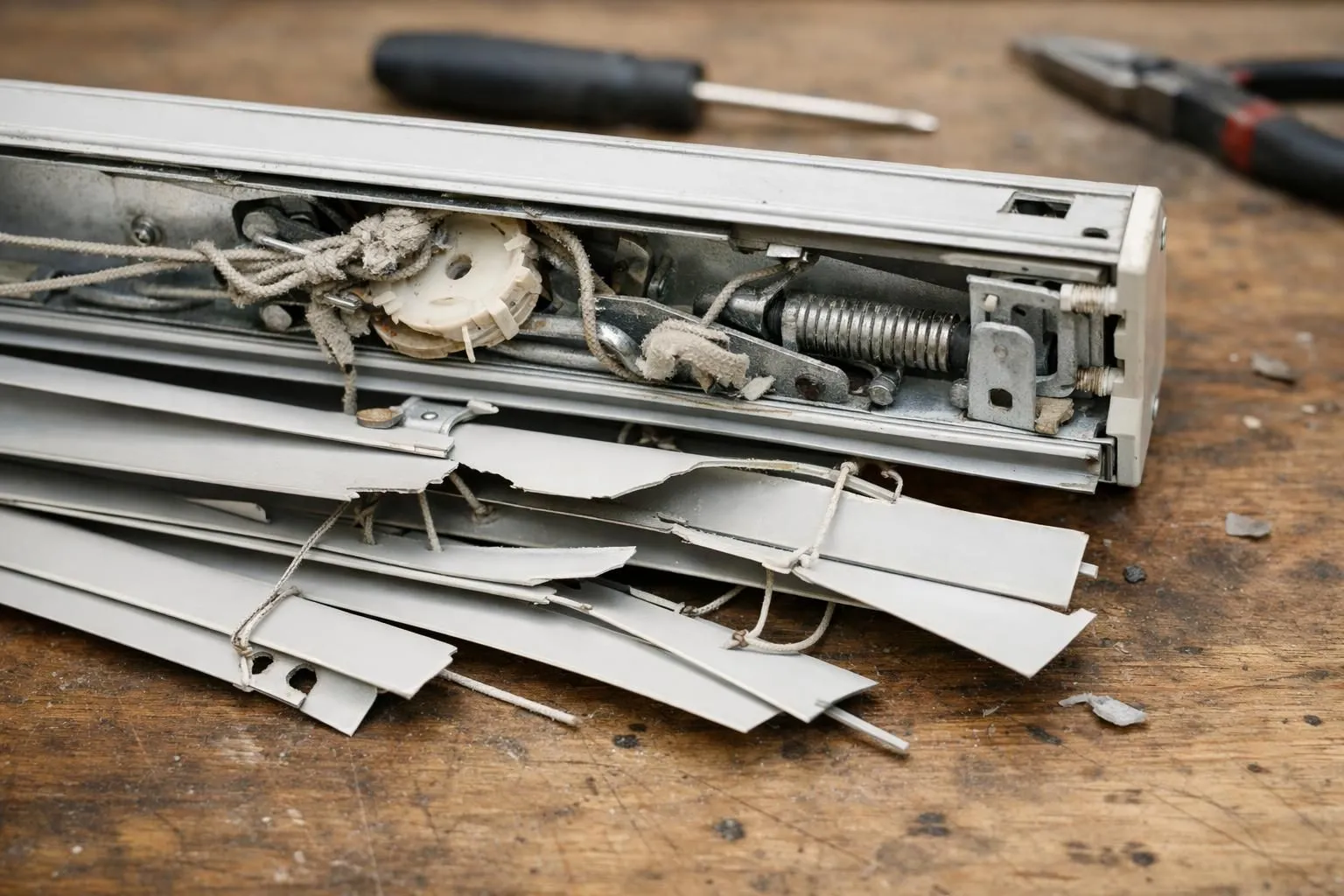 Close-up photograph of a damaged venetian blind mechanism with visible broken slats, twisted metal components, and worn mechanical parts on a workbench, showing technical repair complexity without any text or labels