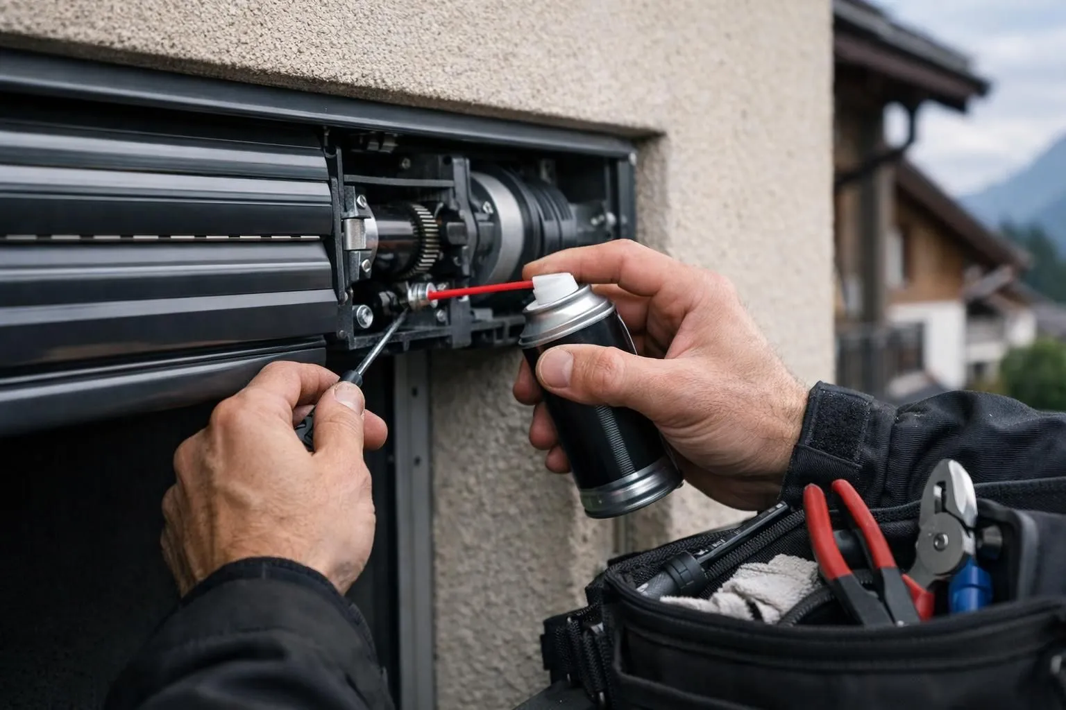 Close-up photo of professional technician's hands inspecting and lubricating exterior blind mechanism on Swiss home facade, showing maintenance tools and roller mechanism details in natural daylight