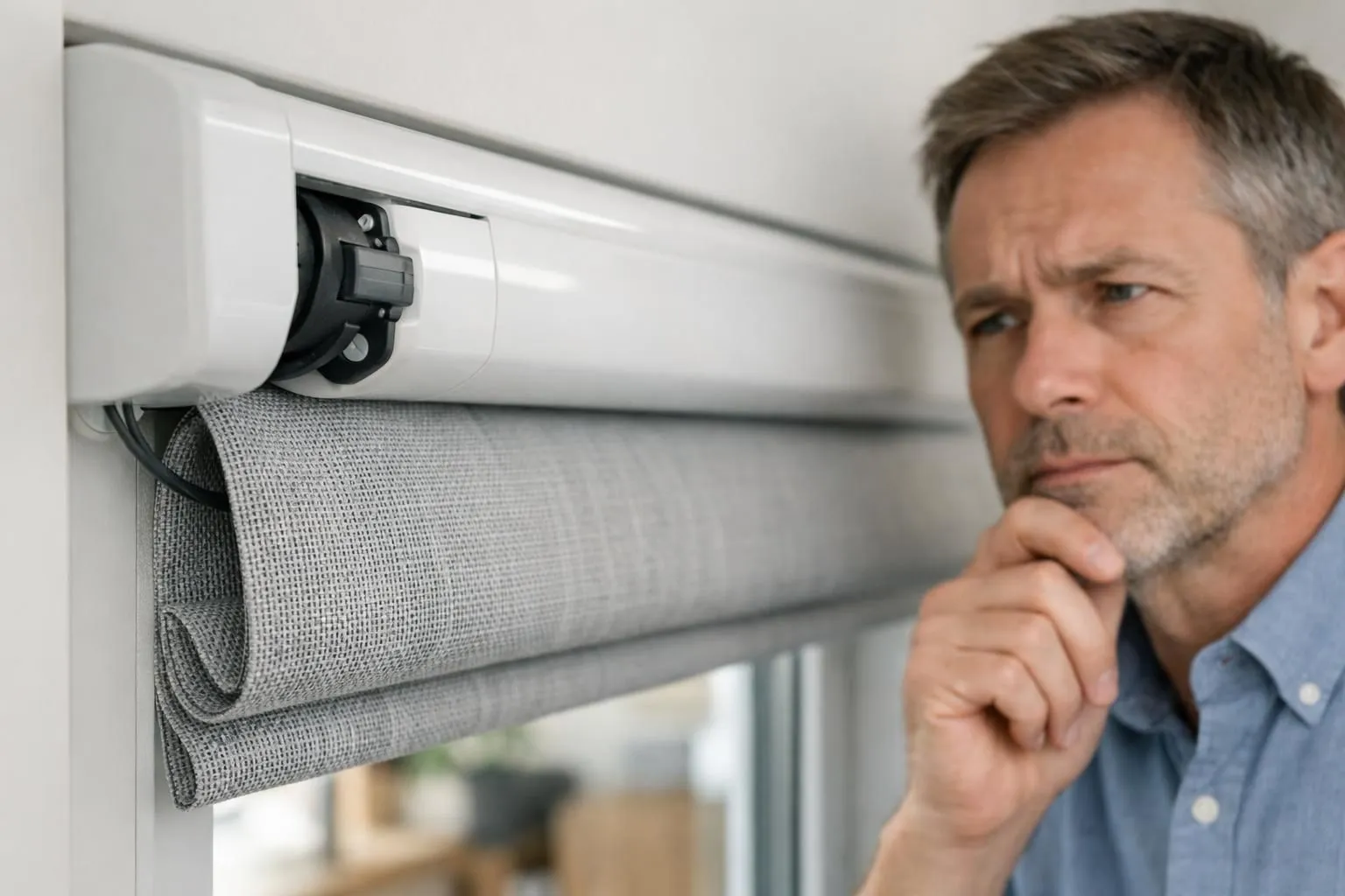 Close-up of a modern electric motorized roller blind on a residential window, showing the motor housing and fabric, with a homeowner standing nearby looking concerned about noise, natural daylight through window, clean Swiss home interior, realistic photo style, no text or labels visible