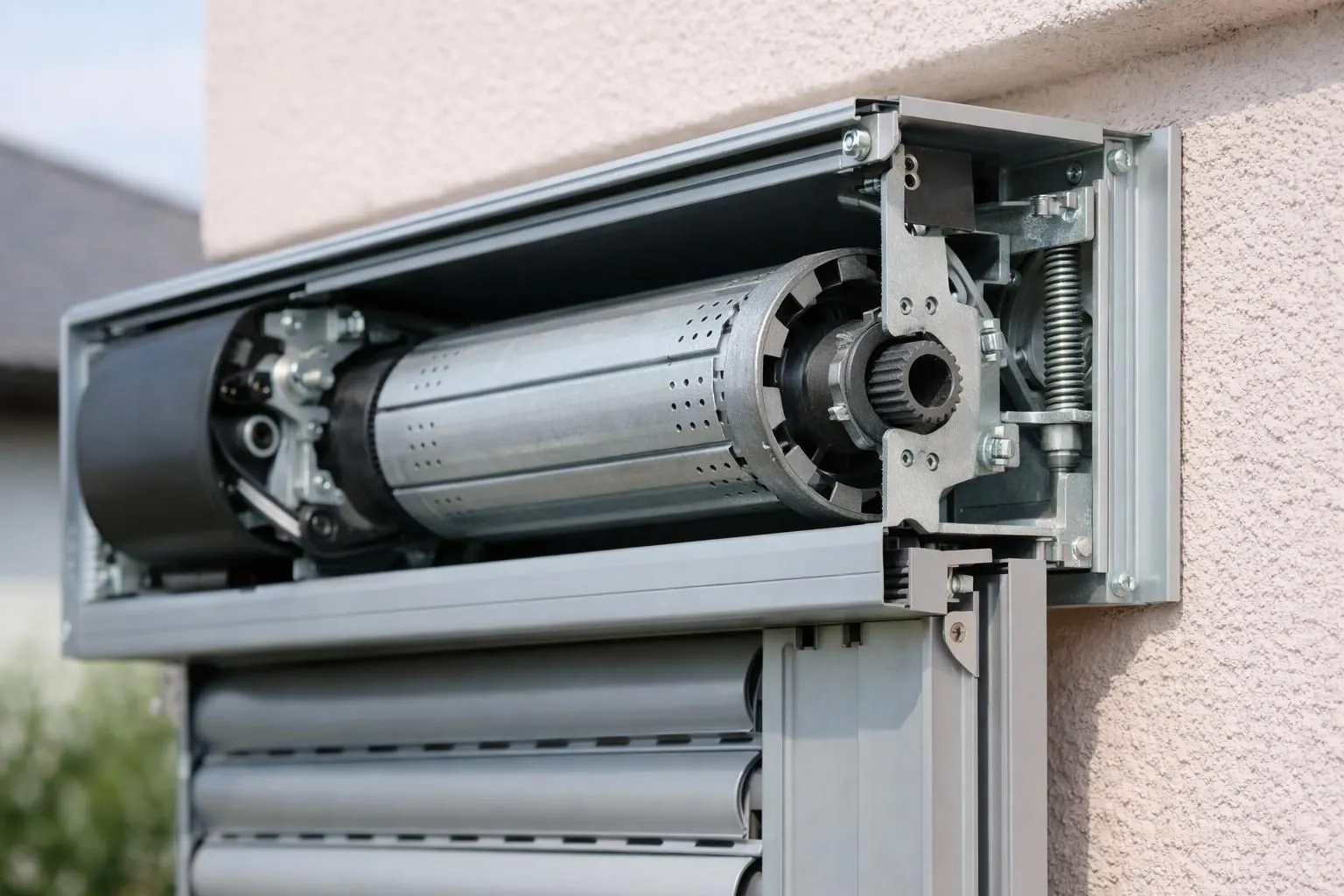 Close-up view of a motorized exterior roller shutter mechanism showing metal components, motor housing, and guide rails on a Swiss residential building facade, with visible mechanical parts that could produce different types of noise during operation