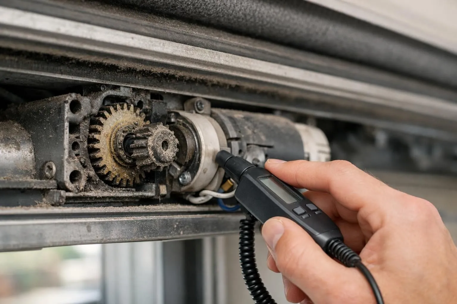 Close-up of an electric roller shutter mechanism showing worn gears and dusty tracks, with a hand holding a diagnostic tool near the motor housing, indoor residential setting with natural lighting, focus on technical components and maintenance details