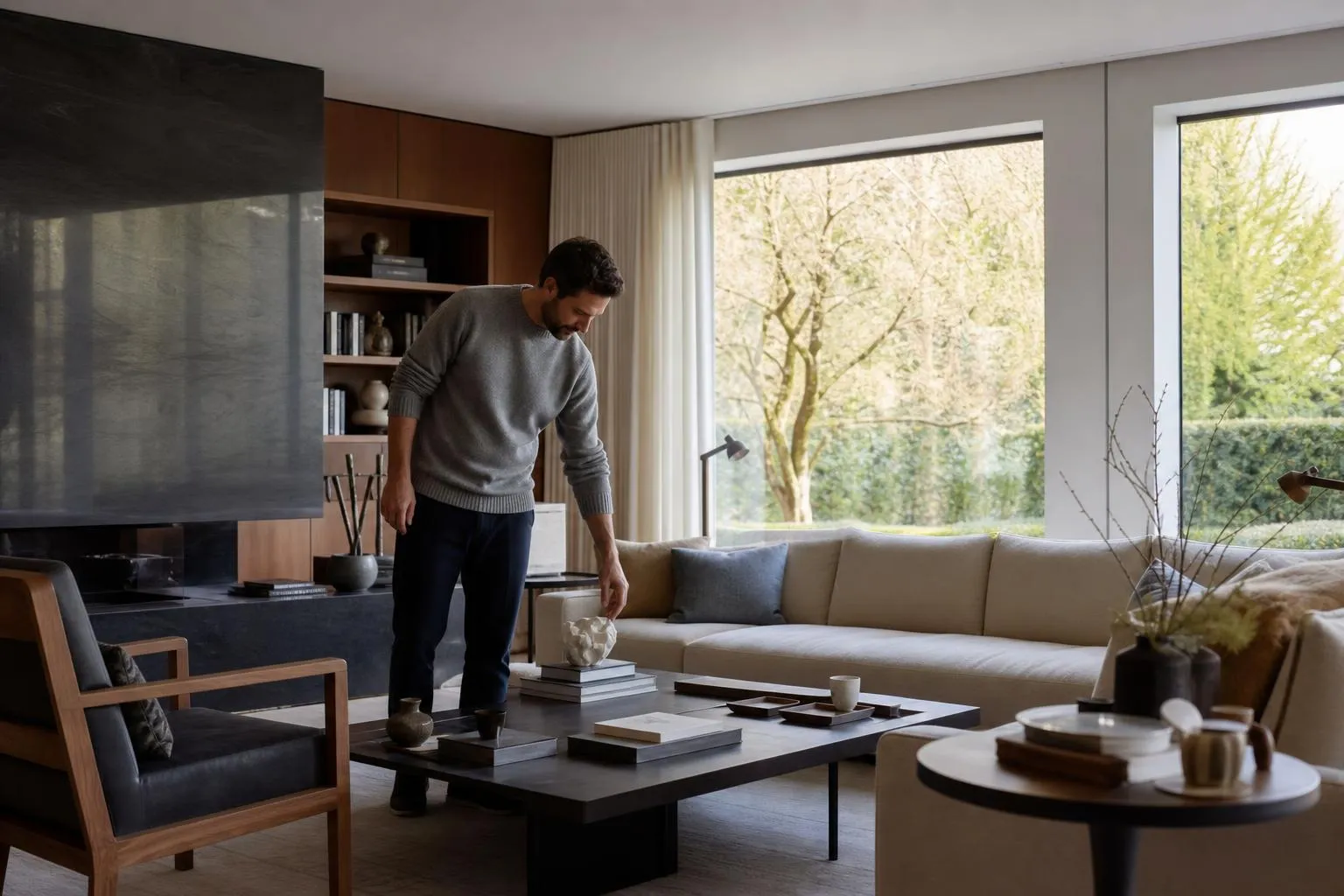 Homme dans un salon moderne avec vue sur la nature.