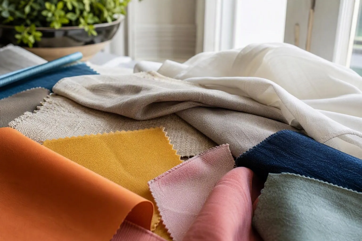 Échantillons de tissus colorés et texturés sur une surface.
