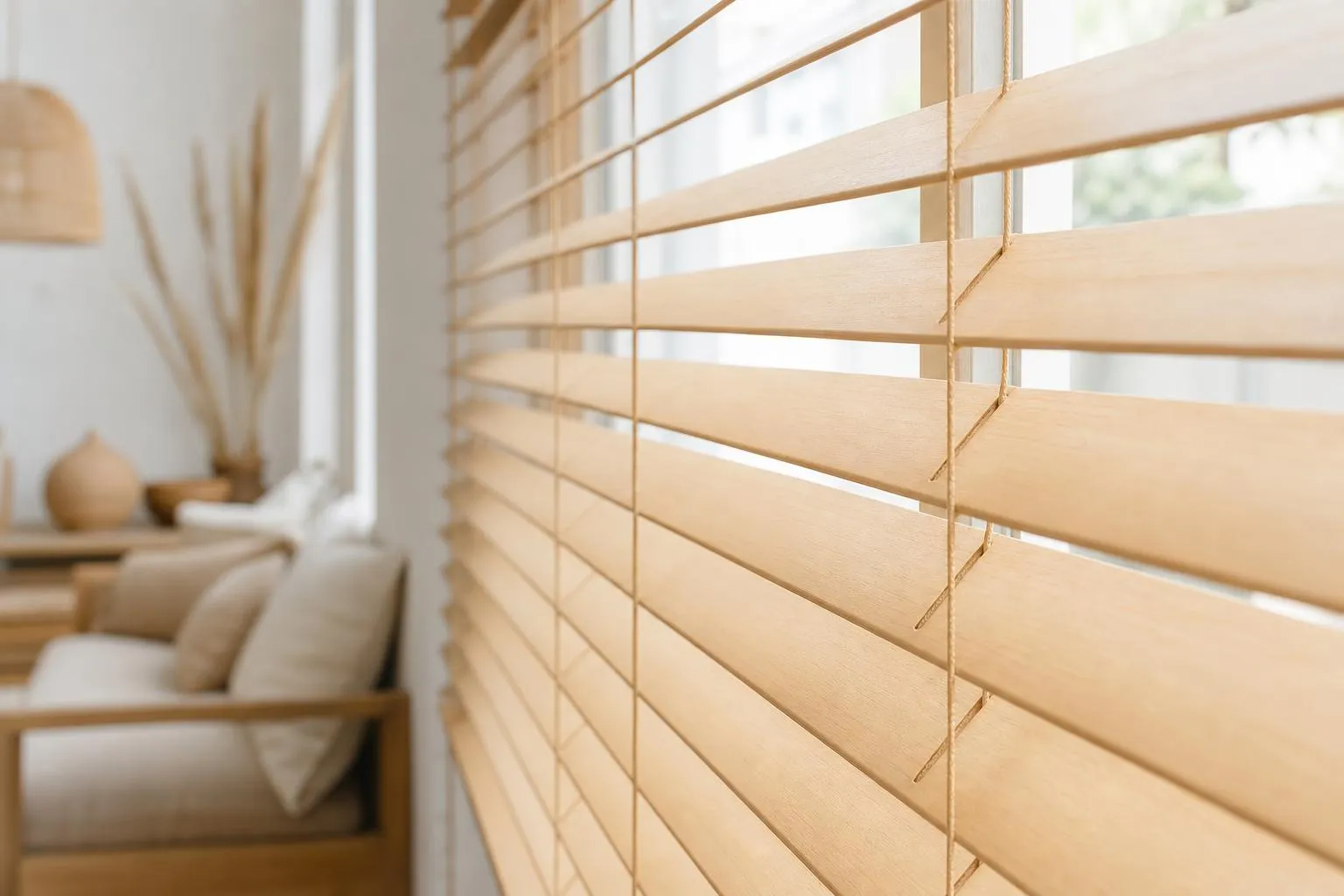 Fenêtre avec stores en bois dans un intérieur lumineux et confortable.