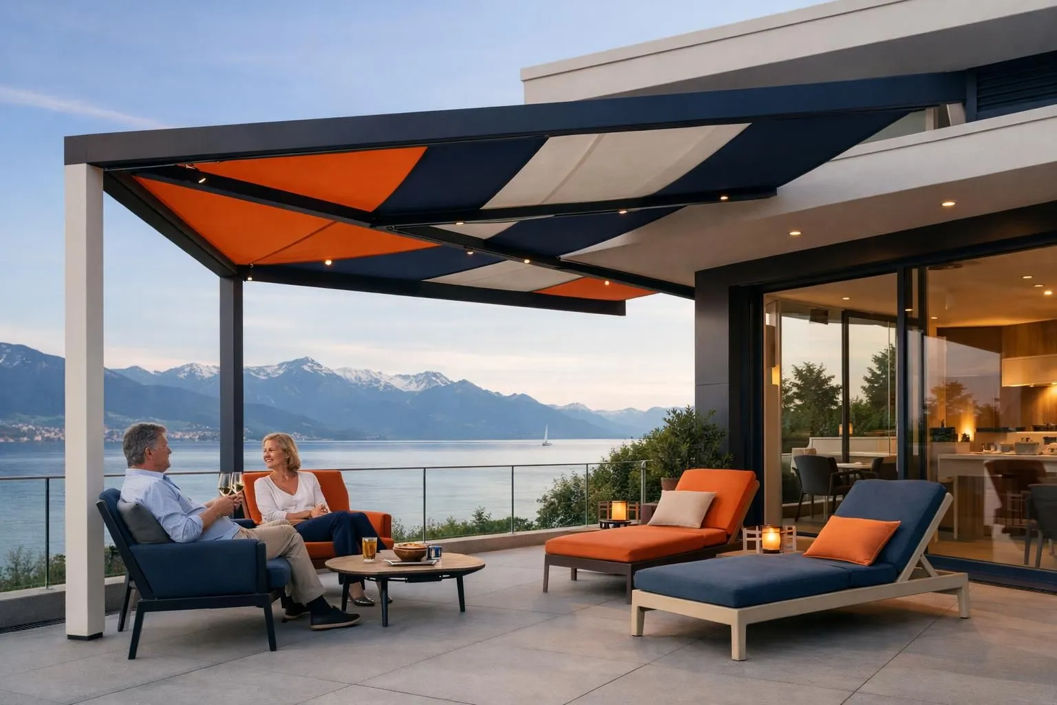 Une terrasse élégante au bord du lac à Lausanne avec une pergola moderne, des propriétaires se détendant à l'extérieur avec vue sur les montagnes, architecture résidentielle suisse contemporaine avec protection solaire, éclairage estival chaleureux.