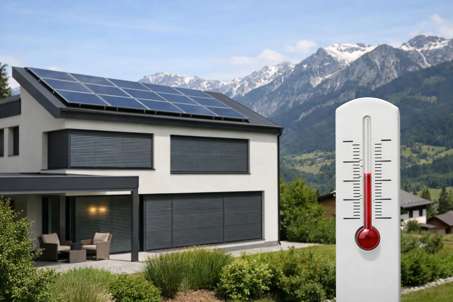 Maison moderne avec panneaux solaires, thermomètre et montagnes enneigées.