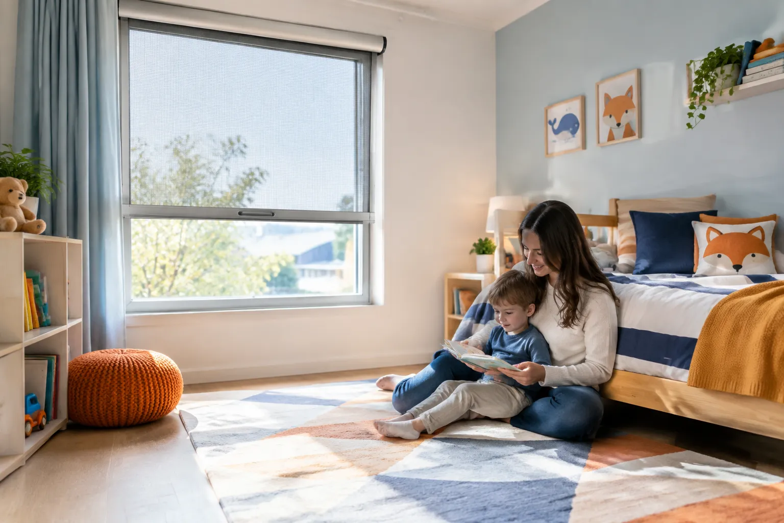 Mère et enfant lisant ensemble dans une chambre lumineuse