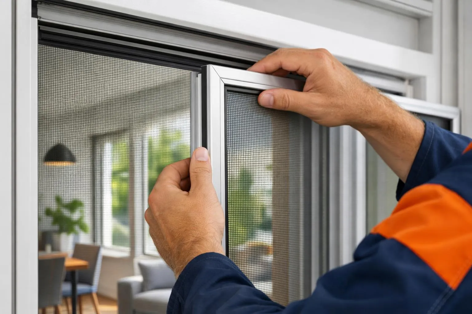 Mains installant un écran moustiquaire sur une fenêtre.