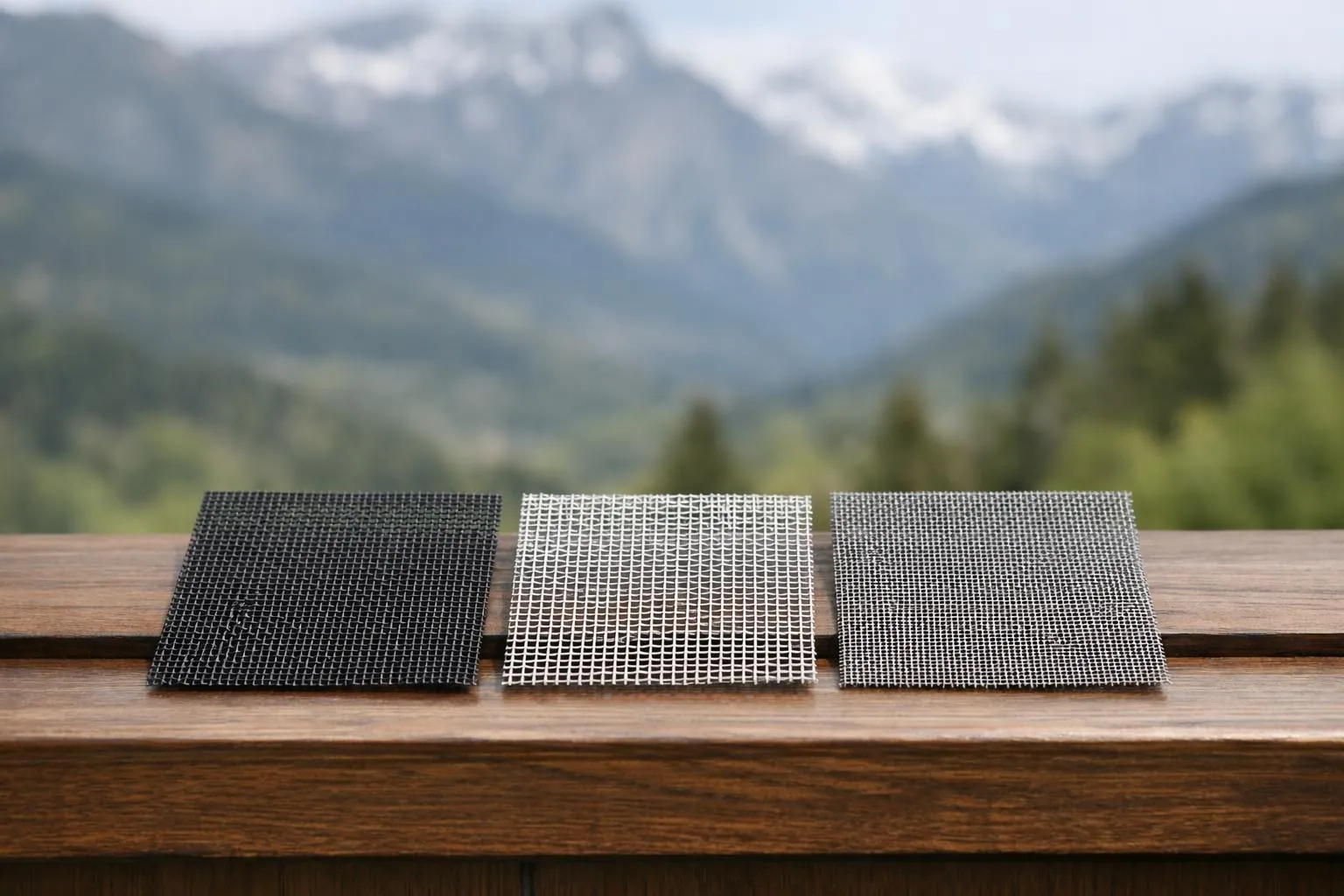 Close-up comparison of three mosquito screen fabric samples laid on a wooden windowsill showing distinct textures of fiberglass PVC-coated mesh in gray, metallic aluminum mesh and stainless steel mesh with a Swiss mountain landscape visible through the window in soft focus
