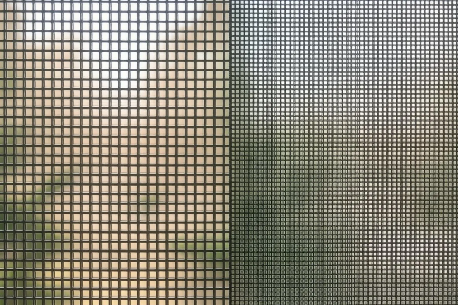Close-up comparison of two mesh screens side by side, one with standard 18x16 weave showing larger gaps and one with fine 20x20 weave showing tighter density, natural daylight filtering through both, realistic product photography style with visible texture detail