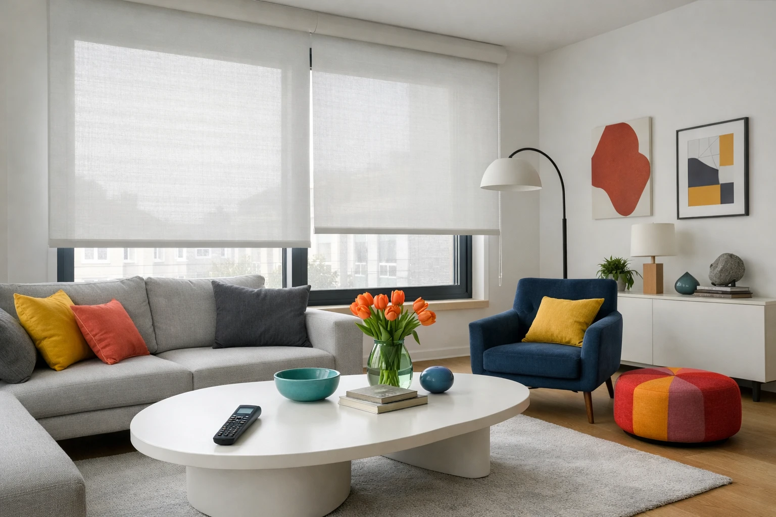 Modern Swiss living room interior showing motorized roller blinds on large windows, soft daylight filtering through translucent fabric, clean contemporary design with visible remote control on coffee table
