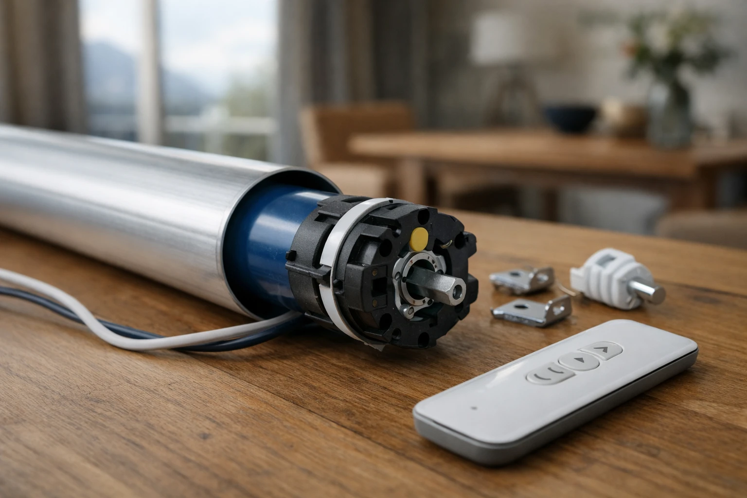 Close-up view of Somfy tubular motor being inserted into roller blind tube, showing mechanical components and wireless remote control on wooden table with modern Swiss interior window in soft natural light
