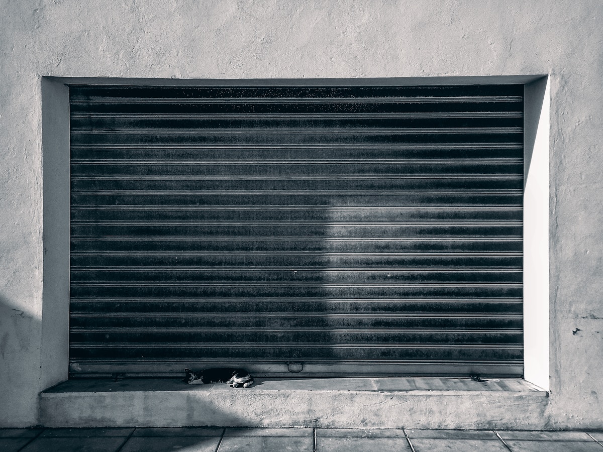Porte de garage métallique noire fermée sur un mur gris.