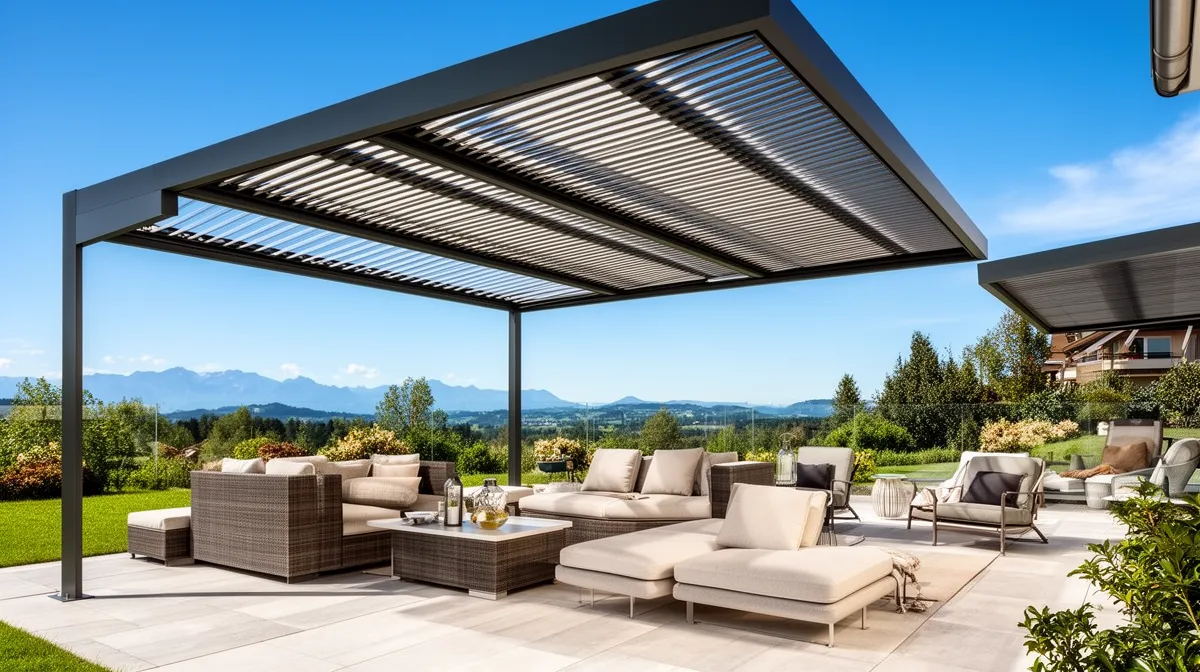 Terrasse extérieure couverte avec mobilier de jardin et vue panoramique.