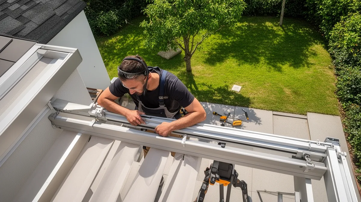 Un homme travaillant sur l'installation d'une fenêtre dans une maison avec un jardin verdoyant à l'arrière-plan.