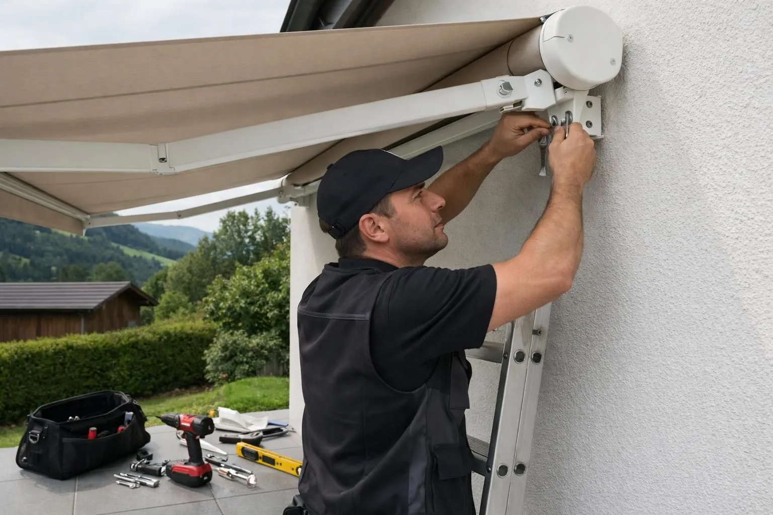 Technicien professionnel NikoStores installant un store banne beige sur la façade blanche d'une maison résidentielle suisse, échelle et outils de montage visibles, vue rapprochée des mains ajustant les fixations murales, environnement Lausanne avec verdure en arrière-plan