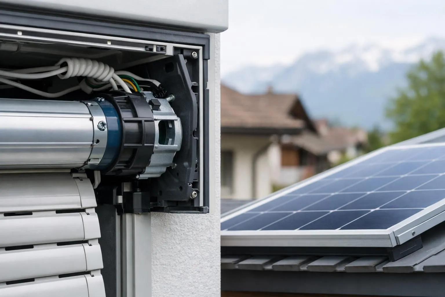Close-up of modern roller shutter motor mechanism and solar panel, technical renovation detail, professional installation, Swiss residential context, no text or labels visible