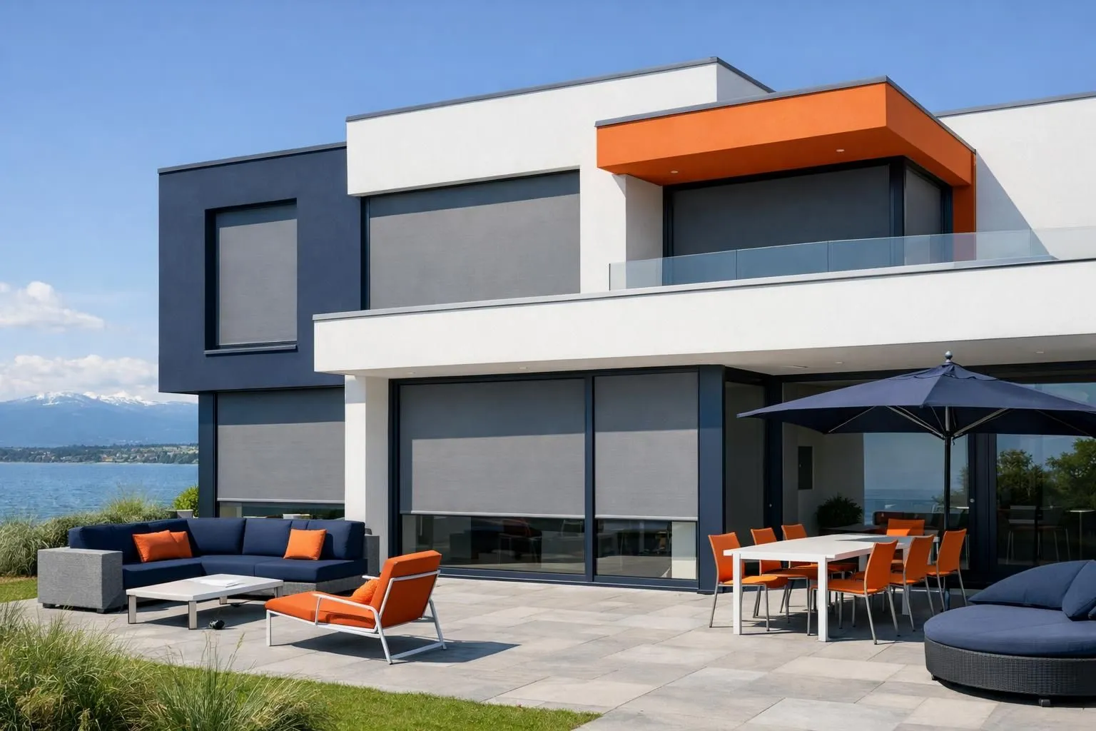 Modern Swiss home with elegant custom sun protection blinds installed on large windows, sunny summer day in lakeside setting near Nyon, thermal protection visible with outdoor terrace furniture, professional quality installation showcasing aesthetic integration with building architecture