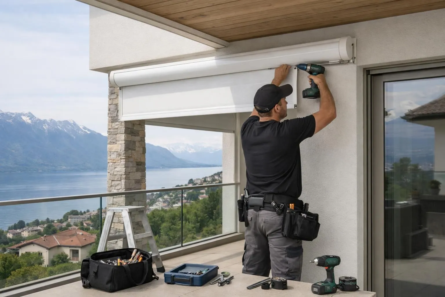 Professional technician installing motorized outdoor blinds on Swiss villa balcony, electric drill and mounting equipment visible, precise installation work, modern white blinds, Lake Geneva region architecture, expert craftsmanship demonstration